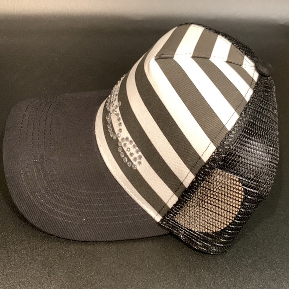 Bebe Black/White Striped Hat with Rhinestone Logo Embellished Baseball Cap - Picture 4 of 10